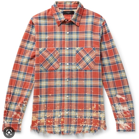 AMIRI - Logo-Appliquéd Distressed Checked Cotton and Linen-Blend Flannel Shirt - Picture 1 of 8